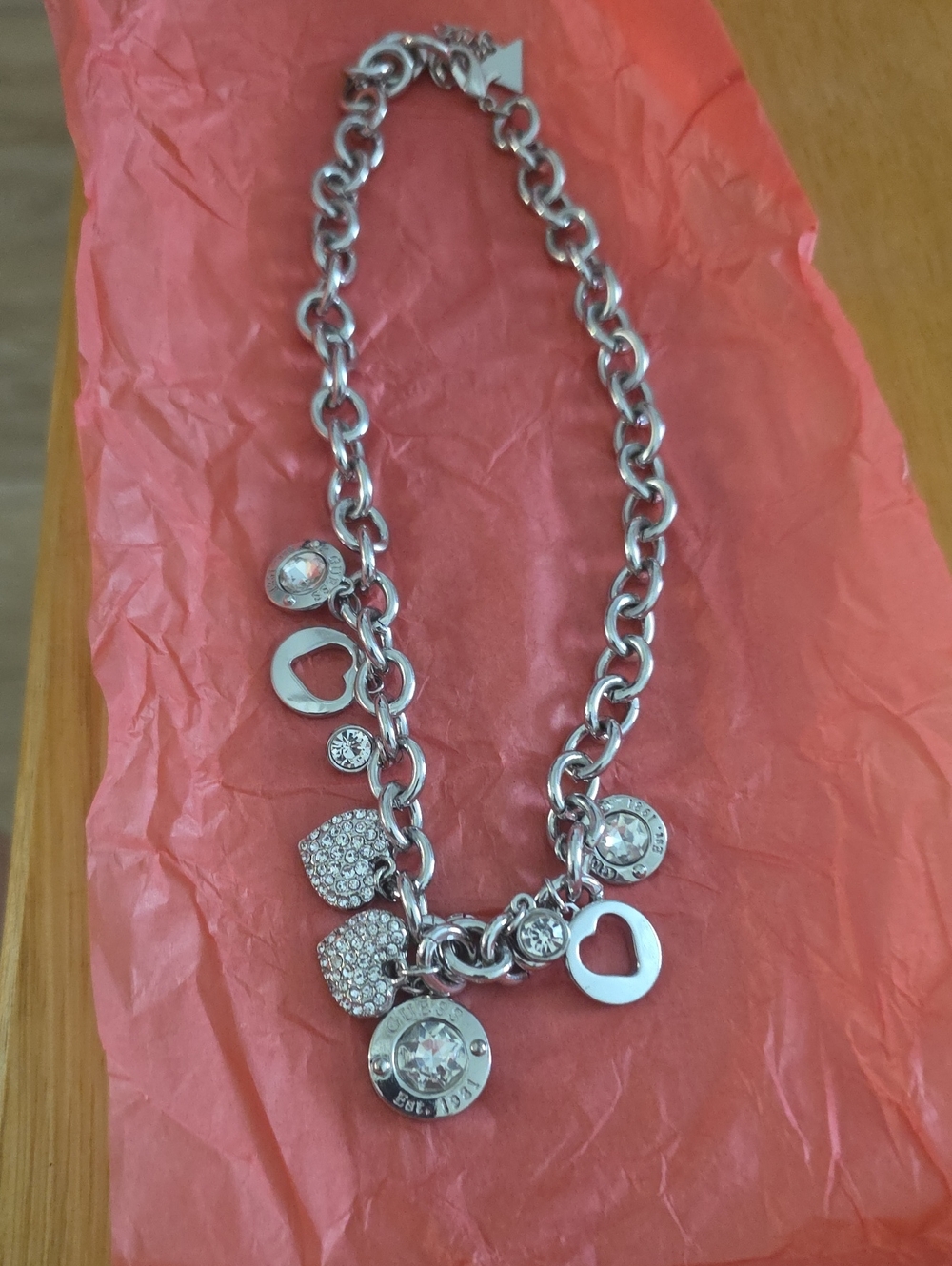 Guess Silver Heart Charm Necklace with Crystals - Brand: